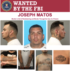 Joseph Matos has the following tattoos: "M-Town Kings" on the right side of his neck; "1300" on the left side of his neck; "Move in Silence" on his right hand; “Trust no one” on his left hand; "MOST WANTED" on his belly; "Heavensent" and "Hellbound" on his forearms; and "Jesus Christopher Matos" on his chest.
