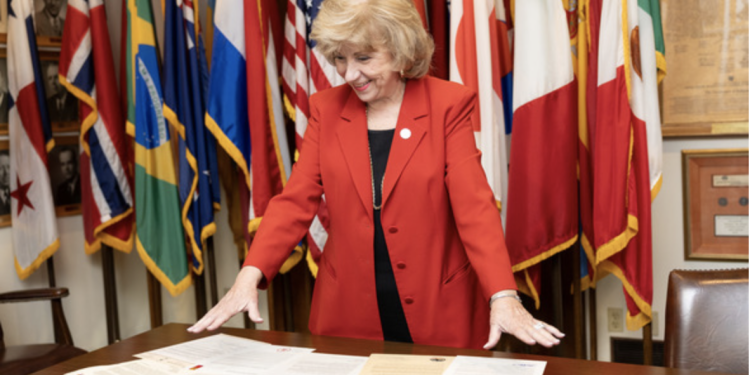 Texas Secretary of State Jane Nelson reviews letters of congratulations from Texas-based international consulates in celebration of America250.