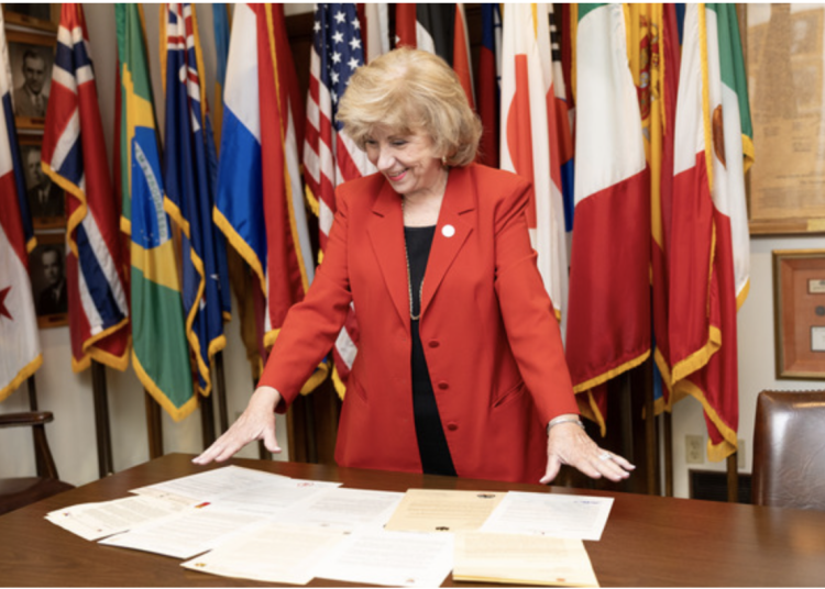 Texas Secretary of State Jane Nelson reviews letters of congratulations from Texas-based international consulates in celebration of America250.