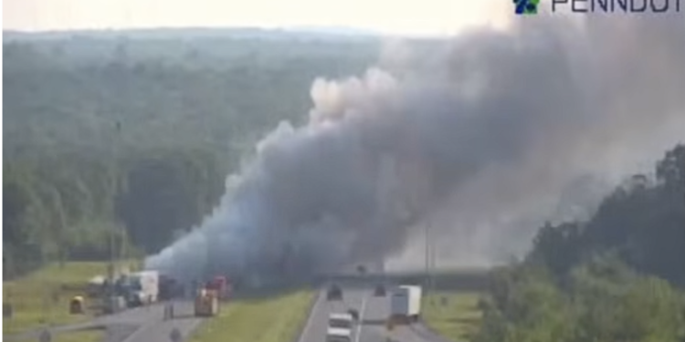 The aftermath of the crash that killed Pennsylvania State Trooper Michael Pahira
