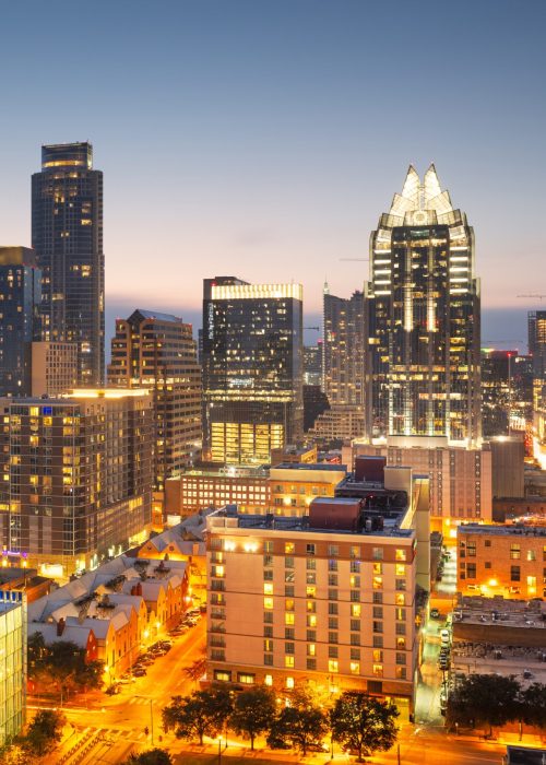 Austin, Texas, USA rooftop skyline at dusk.